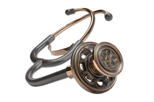 Detailed view of a metallic stethoscope with intricate design, gold-bronze accents
