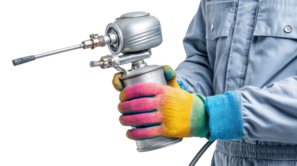 A close-up of a person holding a spray gun with colorful gloves, isolated on a white background.