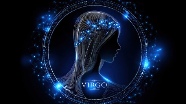 A luminous figure embodies the Virgo zodiac sign, set against a deep black backdrop filled with bright stars. The glowing blue silhouette signifies purity and detail in cosmic elements