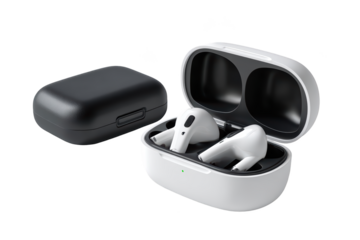 Wireless earbuds, charging case open and closed, white and black