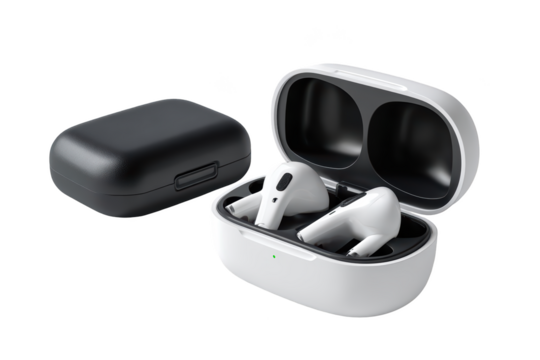 Wireless earbuds, charging case open and closed, white and black - Powered by Adobe