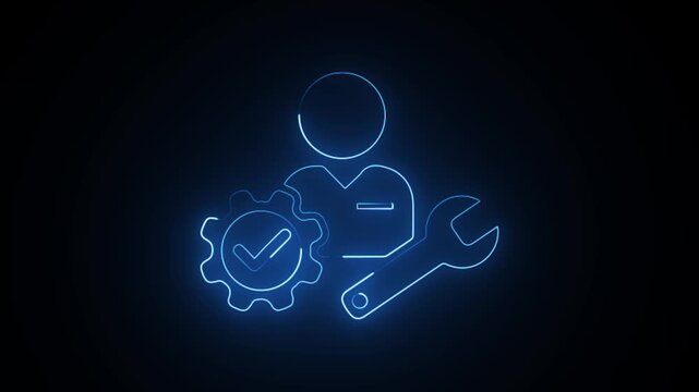 Glowing neon maintenance service icon with engineer, gear, wrench, settings and technical support symbol on a black background.