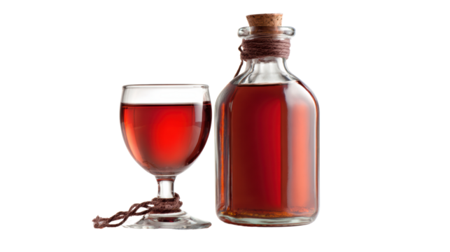 A glass and bottle of rich red liquid on a white isolated background.