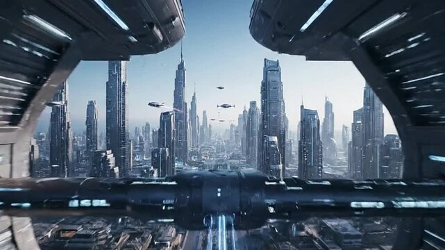 Futuristic city seen through a spacecraft window showing highrise buildings and flying vehicles
