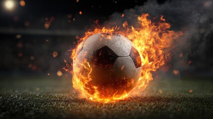 Fototapeta premium Soccer ball engulfed in flames, burning intensely on grassy stadium field, emitting sparks and dark smoke against shadowy background