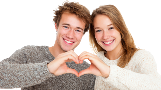 A happy couple making a heart shape with their hands, smiling joyfully, on a white isolated background.