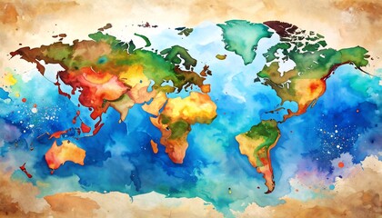 Watercolor World Map with Artistic, Vintage, and Travel.