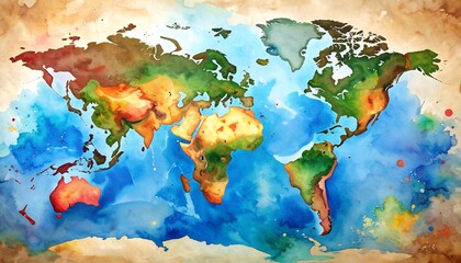 Watercolor World Map with Colorful, and Vintage.