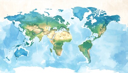 Watercolor World Map with Global, Earth, and Terrain.