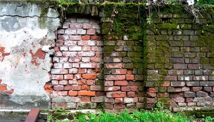 Weathered Brick Wall with Decay, Moss, and Urban Decay.
