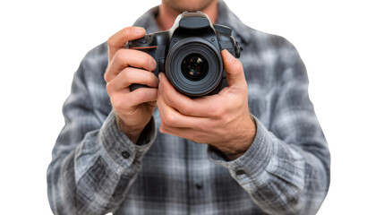 Obraz premium A person holding a camera, ready to capture moments, isolated on a white background.