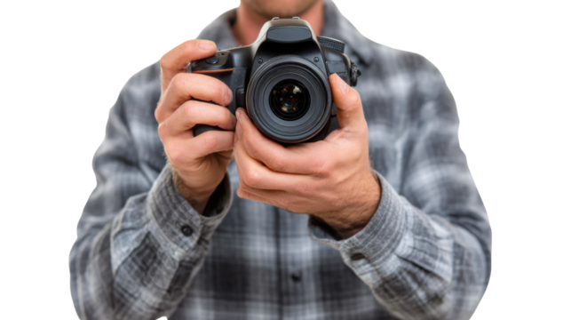 A person holding a camera, ready to capture moments, isolated on a white background.