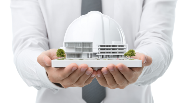 A person holding a miniature model of a modern building with a dome, isolated on a white background.