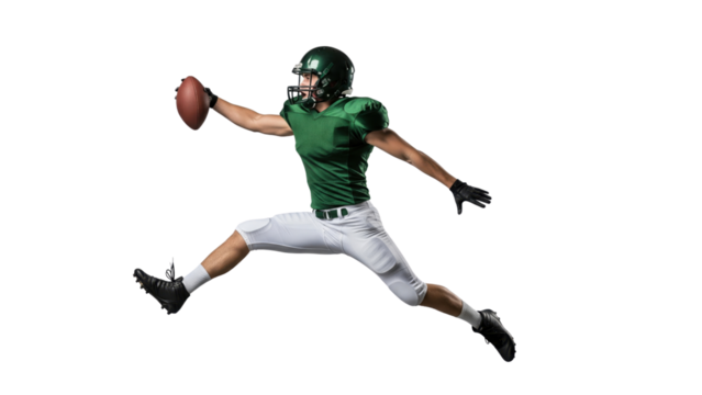 Dynamic Touchdown: An athlete, clad in vibrant green and white, leaps with agility to catch the football during an American football game, a moment frozen in time.
