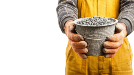 A worker holding a bucket of gravel, showcasing hands and workwear, on white isolated background.