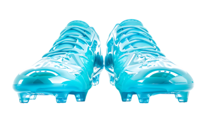 Illustration of a pair of blue football boots isolated on transparent background, showcasing modern design and advanced technology for optimal performance on the field