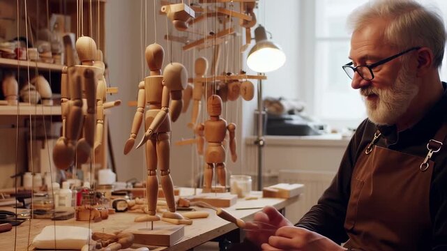 Senior Craftsman Creates Wooden Puppets in His Workshop with Precision and Artistry