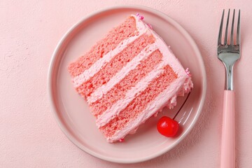 Pink cake slice on a plate, topped with sprinkles and a cherry