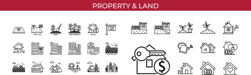 Property and land icon set featuring real estate, houses, buildings, and signs for sale, perfect for illustrating investment, market trends, and the business of architecture
