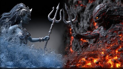Water and fire deities face off in an intense clash, with waves crashing against lava and smoke rising. The battle highlights their contrasting elements in a mesmerizing display of nature's forces