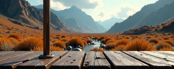 Sleek metal posts, weathered wood base, futuristic field , abstract, texture, form