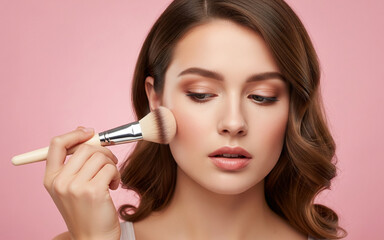A young woman applying blush with a makeup brush, showcasing smooth glowing skin and natural beauty, against a soft pink background, representing skincare, cosmetics, and feminine elegance. 
