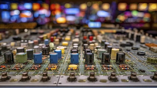 Close-up of Complex Electronic Circuit Board with Colorful Components and Blurred Background