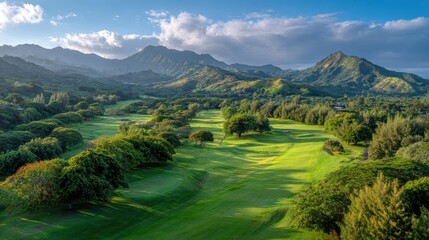 Obraz premium Verdant golf course nestled amid tropical foliage, framed by towering mountains and vibrant azure sky, creating serene landscape panorama