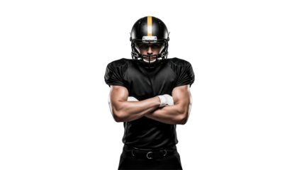 Gridiron Guardian: A focused American football player, clad in black and gold uniform, arms crossed, embodies strength, determination, and readiness for action.