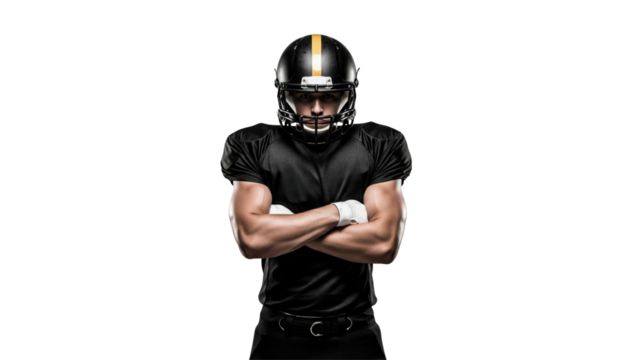 Gridiron Guardian: A focused American football player, clad in black and gold uniform, arms crossed, embodies strength, determination, and readiness for action. 