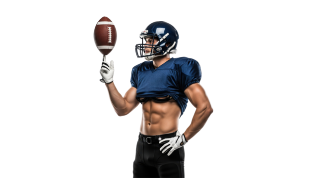 American Football Player Spinning Ball: A determined player expertly balances the American football on a finger, demonstrating skill and precision, embodying athleticism.