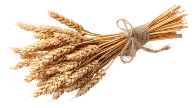 Bunch of golden wheat tied with twine, isolated on white background