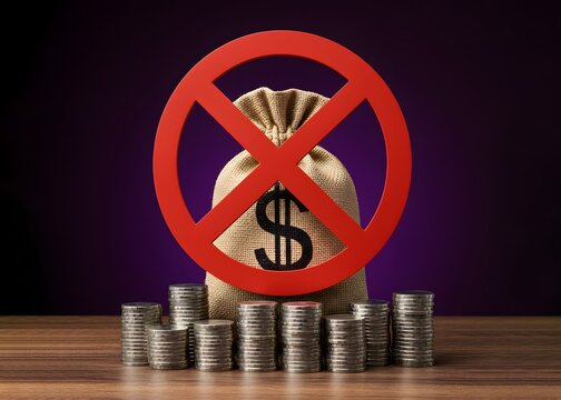The NO prohibition sign covers the dollar money bag and stacks of coins. Freezing or confiscation of financial assets. Anti-money laundering actions, asset seizure and economic retaliation