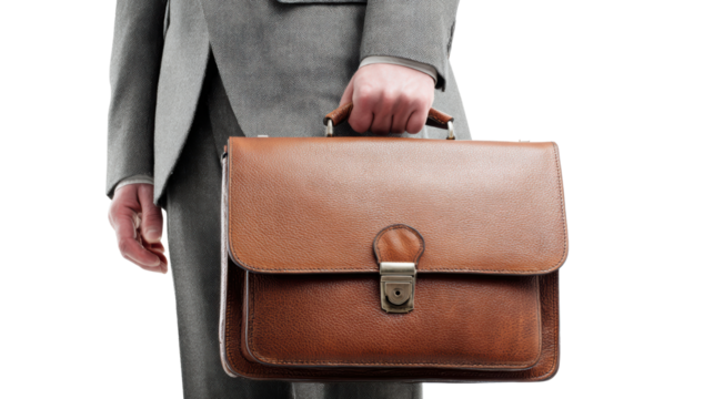 Businessman holding a brown leather briefcase, professional attire, isolated on white background.
