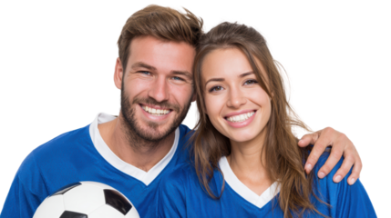Cheerful couple in soccer jerseys, smiling and embracing with a soccer ball, isolated on a white background.