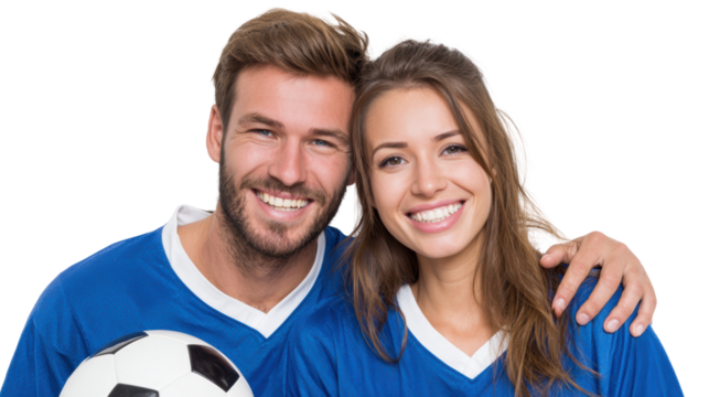 Cheerful couple in soccer jerseys, smiling and embracing with a soccer ball, isolated on a white background.