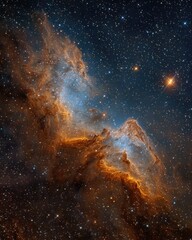 A vibrant nebula, hues of orange and blue, speckled with stars