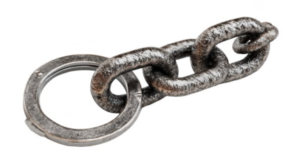 Metallic handcuffs linked to a heavy chain, isolated