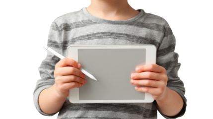 Child holding tablet with stylus, ready for creative digital tasks.