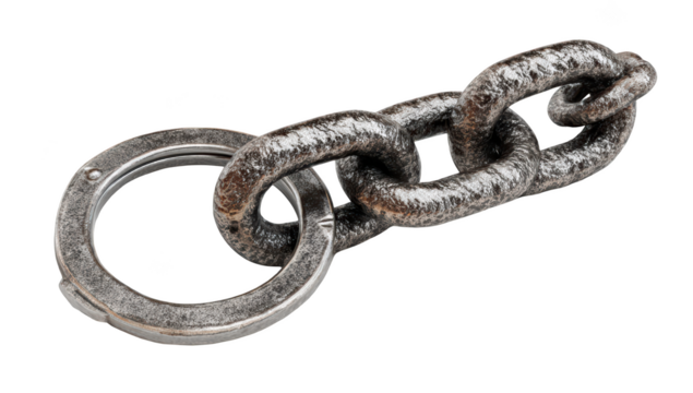 Metallic handcuffs linked to a heavy chain, isolated