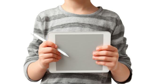 Child holding tablet with stylus, ready for creative digital tasks.
