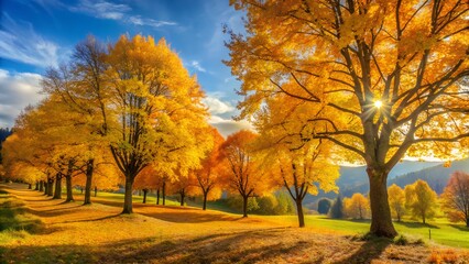 Fototapeta premium Golden autumn trees on a hillside at sunset