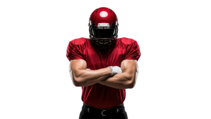 Gridiron Warrior: A muscular athlete, clad in vibrant red sporting gear, strikes a pose of confidence with crossed arms. His helmet obscures the face.