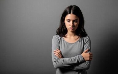 A young woman in a blue shirt looking down with a sad expression, arms crossed in a defensive posture, standing against a plain gray background, symbolizing loneliness, stress, or emotional struggle. 