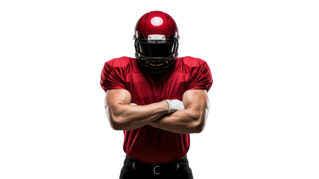 Gridiron Warrior: A muscular athlete, clad in vibrant red sporting gear, strikes a pose of confidence with crossed arms. His helmet obscures the face.