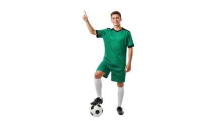 Soccer Player in Green: A confident soccer player in a green uniform stands with one foot on a soccer ball, pointing upwards with a smile, exuding determination and focus.