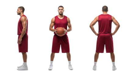Basketball Player Poses: Dynamic series showcases a basketball player in a vibrant red uniform. The image encapsulates the essence of strength and focus with three different perspectives.