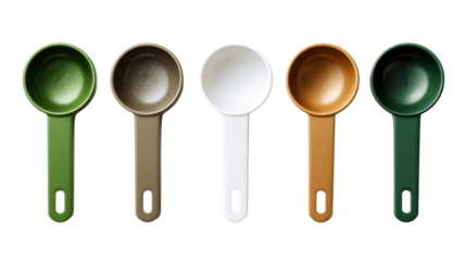 Colorful measuring cups arranged in a line on a white background.