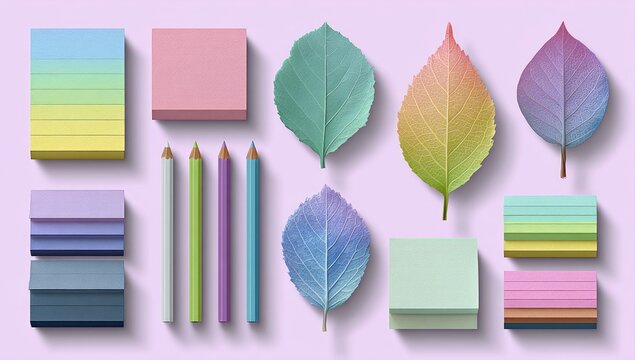 Pastel stationery and leaves. Colorful sticky notes, pencils, and leaves arranged on a light purple background. Muted, vibrant color scheme. 3D effect - Powered by Adobe