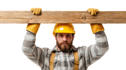 Construction worker, holding wooden beam, wearing yellow hard hat and gloves, white isolated background.